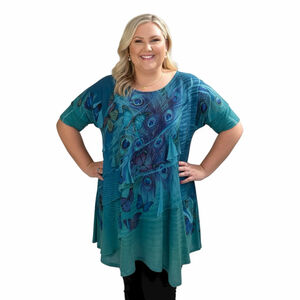 Womens Peacock Butterfly Tunic Top Size XXL Blue Whimsical Boho Comfy Oversized